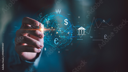 Foto Global investor analyzes digital currency exchange ,financial markets ,stock chart, banking icon, multi currency symbols, representing fintech innovation, secure transactions, economic growth