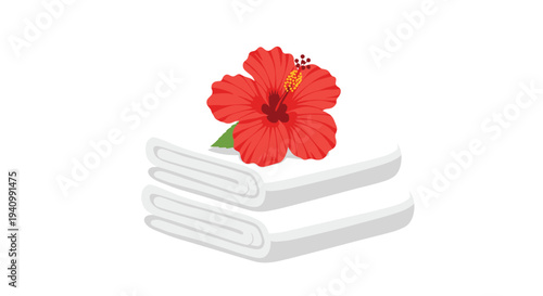 A single vibrant red hibiscus flower with a yellow center is delicately placed on two stacked white folded towels against a plain white background.