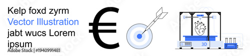 Finance, precision, 3D printing, technological innovation, accuracy, currency concepts. A Euro symbol, a target hit by an arrow and a 3D printer creating a heart design. Finance and precision