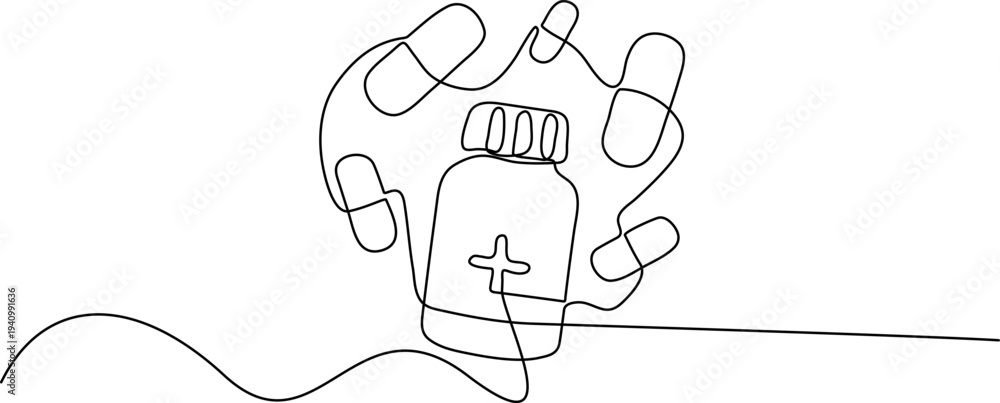 Fototapeta premium WebMinimalist Line Art Hand Holding Medicine Bottle with Pills