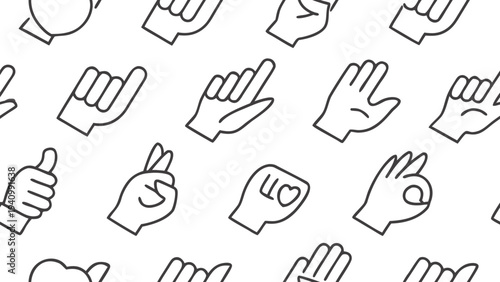 Minimalist Seamless Pattern of Linear Hand Gesture Icons