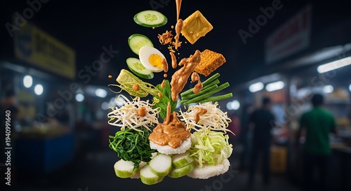 A vibrant culinary composition featuring floating vegetables, egg, tofu, and sprouts, drizzled with a savory sauce, over a bed of rice and greens, with a blurry market backdrop