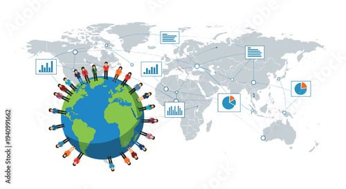 A green and blue globe with people standing on its surface is positioned in front of a grey world map with charts.
