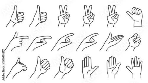 Set of Minimalist Hand Gesture Line Art Vector Icons