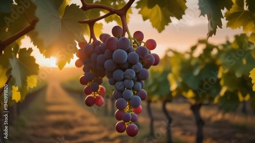 Ripe grapes hanging from a vine in a vineyard at sunset.