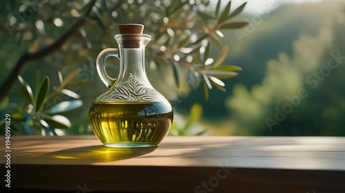 Glass bottle of olive oil on a wooden table outdoors.