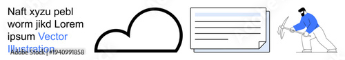 Cloud computing, data management, digital workflows, file sharing, remote work tools, technology innovation. A cloud icon, a document and a person interacting with data. Cloud computing and data