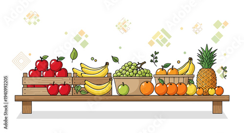 Assortment of Fresh Fruits on a Wooden Shelf: Apples, Bananas, Grapes, Oranges, Pineapple