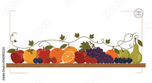 Assortment of Fresh Fruits on a Wooden Shelf, Healthy Food Concept