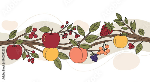 Autumn Harvest Fruit Branch Illustration: Apples, Berries, Strawberry, Grapes, and Apricot