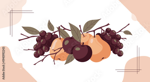Autumn Harvest Fruit Arrangement: Grapes, Pears, and Apples on Branches