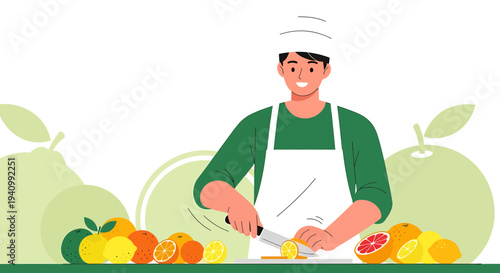 Chef preparing fresh citrus fruits, slicing lemon for healthy juice or salad