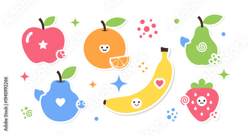 Cute Kawaii Fruits Characters: Apple, Orange, Pear, Banana, Strawberry