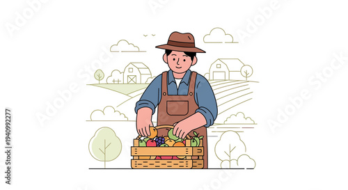 Farmer holding a crate of fresh fruits and vegetables in a farm landscape