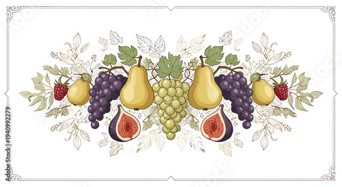 Decorative Fruit Garland: Grapes, Pears, Figs, Strawberries, Quince with Leaves