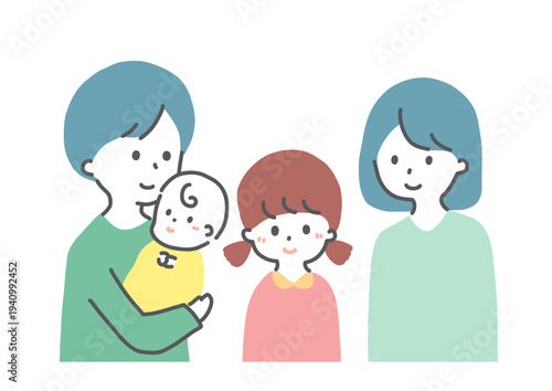 赤ちゃんを抱っこした父親と子どもを見守る母親　イラスト　ベクター