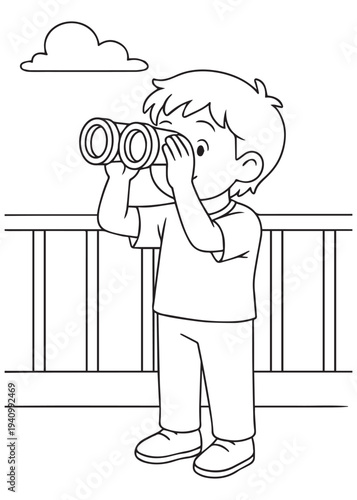 coloring book page boy using binoculars to watch the view from the railing