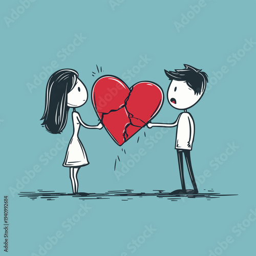A stick figure couple, a man and a woman, are angrily pulling apart a broken red heart, illustrating the pain and conflict of a breakup or relationship problems