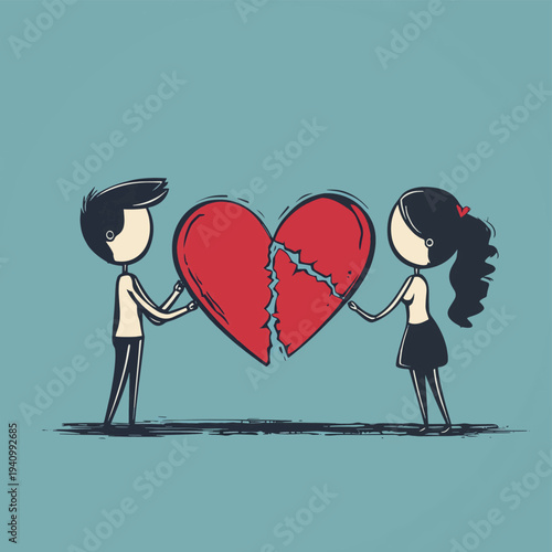 A stick figure couple, a man and a woman, are angrily pulling apart a broken red heart, illustrating the pain and conflict of a breakup or relationship problems