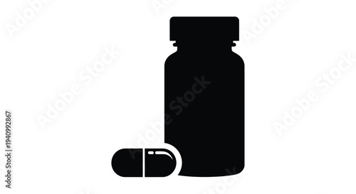 Black silhouette of a pill bottle and single capsule on white background