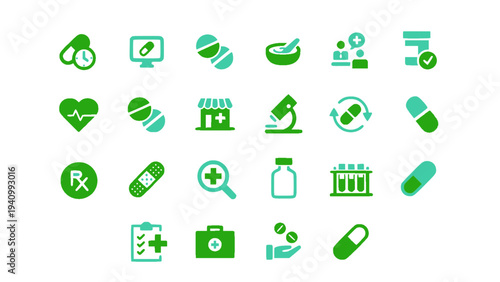 Simple medical icons including microscope, DNA, pills, heart health, and laboratory equipment.