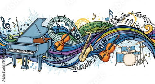 Musical instruments and colorful notes on white background piano violin guitar drum music sheet creative harmony