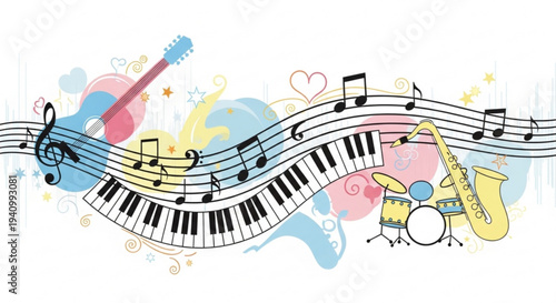 Colorful music instruments and notes on white background piano keyboard guitar saxophone drum set musical symbols vibrant artistic illustration for creative projects