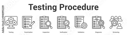 Testing Procedure web banner icon set vector illustration concept for business with icon of Testing, Examination, Inspection, Verification, Validati.