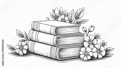 Stack of old books with flowers and leaves on a white background symbolizing knowledge and nature