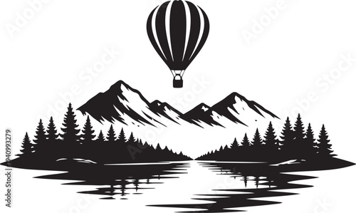 Hot Air Balloon Over Mountain Lake Landscape Silhouette Travel Nature Vector