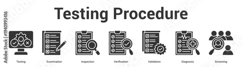 Testing Procedure web banner icon set vector illustration concept for business with icon of Testing, Examination, Inspection, Verification, Validati.