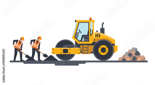 Two construction workers in safety gear use shovels to move gravel next to a large yellow road roller machine.