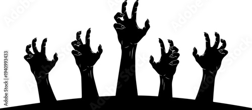 Creepy Black Silhouette Zombie Hands Reaching Up from Ground Vector Illustration for Halloween Horror Designs and Spooky Themes