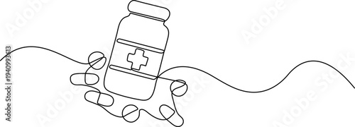 WebMinimalist Line Art Hand Holding Medicine Bottle with Cross Symbol