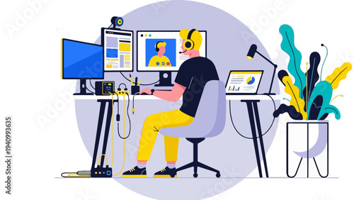 Professional male streamer or gamer with headset working at desk with multiple monitors, laptop, and camera, engaged in online video call or live broadcast, vector illustration