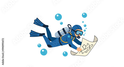 A scuba diver wearing a blue suit and snorkeling gear swims through the water while holding an old treasure map.