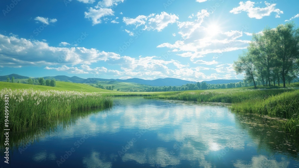 Fototapeta premium Peaceful Summer Landscape with Tranquil Lake Reflection and Blue Sky landscape lake reflection sky