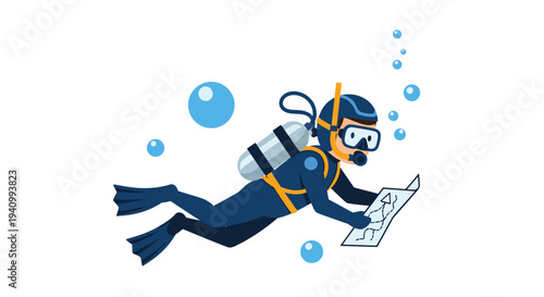 A cartoon scuba diver in a dark blue wetsuit swims horizontally while holding a paper map and releasing blue air bubbles.