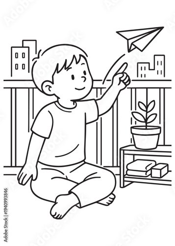 coloring book page boy launching a paper airplane while sitting on the balcony