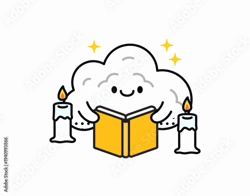 Cute smiling cloud reading a book between two candles with small stars. playful cartoon illustration symbolizing imagination, bedtime stories, learning, and cozy night reading.