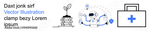 Artificial intelligence, robotics, sustainable development, healthcare, environmental technology, innovation. Robot with tech elements, sprouting plant medical kit. AI and sustainability concepts