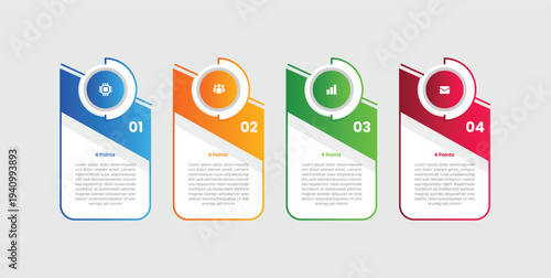 4 points infographic with gradient style with vertical rectangle box with skew slice cut on top with main circle base with 4 elements stages