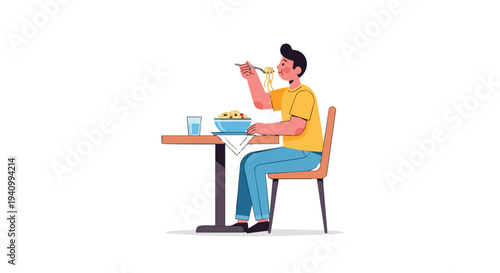 Animated depiction of a young man enjoying a hearty meal of pasta at a table, illustrating everyday dining experiences and culinary satisfaction.