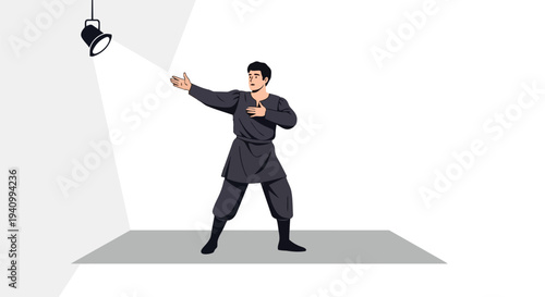 Martial Artist in Dramatic Spotlight Performing Traditional Moves on a Stage
