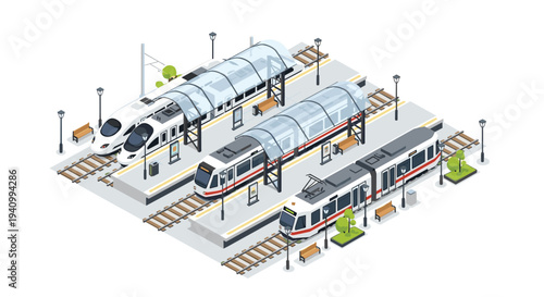 An isometric view of a modern railway station shows four sleek trains parked at platforms under transparent arched glass canopies.