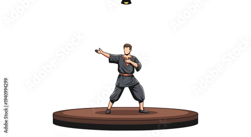Martial artist in a dynamic pose on a wooden stage with a spotlight above creating a dramatic artistic presentation