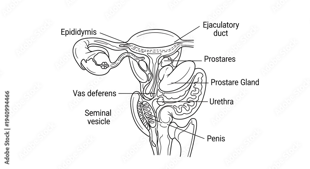 Obraz premium Male Reproductive System Anatomy – Labeled Diagram of Internal Organs and Structures