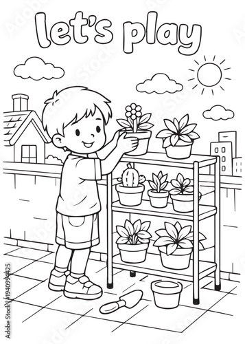coloring book page boy arranging plants on a tiered plant stand let s play scene