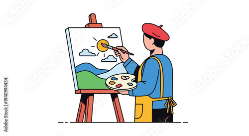 Artist passionately creating a vibrant landscape painting on an easel with a palette in hand