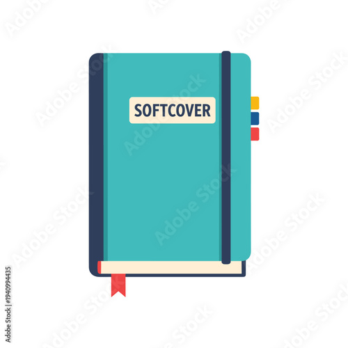 Teal softcover book with red bookmark and colorful tabs on white background